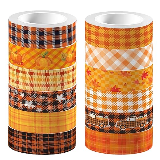 12 Pcs Thanksgiving Washi Tape Fall Maple Leaf Masking Tape Pumpkin Pattern Decorative Paper Sticker for Fall Party Holiday Scrapbook DIY Craft Gift Wrapping Handbook Sticker