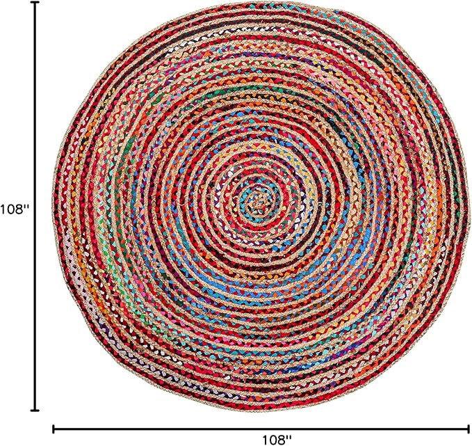 9' Round Handwoven Jute Chindi Area Rug - Colorful Boho Rugs for Living Room - Hand Braided Multicolor Bohemian Rug for Farmhouse, Bedroom, Dining Room, Classroom, Hallway, Kitchen, Office
