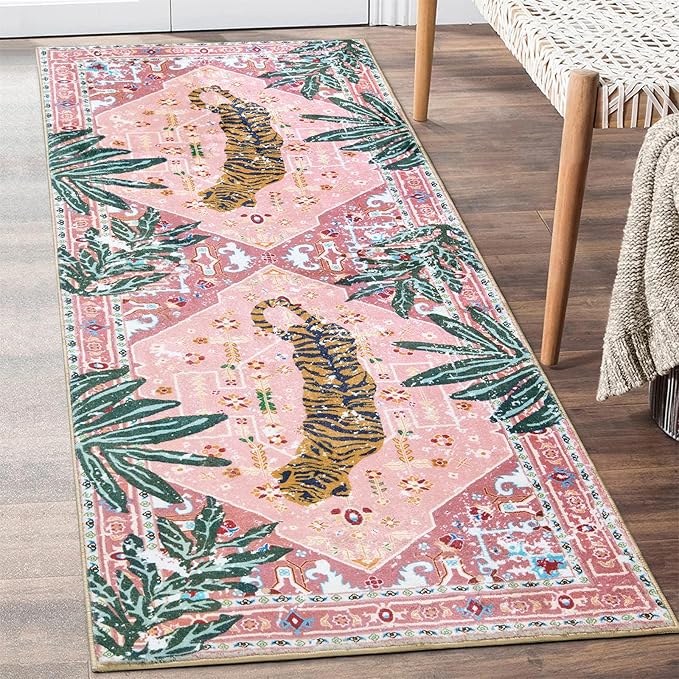 Oriental Tropical Hallway Runner Rug 2x8 Washable, Thin Stain Resistant Pink Boho Runner Rug for Entryway Kitchen Bedroom Laundry, Vintage Abstract Hippie Indian Botanical Long Floor Carpet
