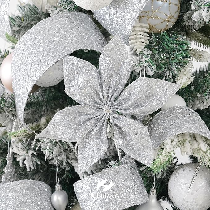 HUIHUANG Silver Glitter Wired Ribbon for Christmas Tree 2.5 inch Silver Diamond Mesh Ribbon for Tree Decoration, Wreaths, Garland, Gift Wrapping, Large Bows Making, Home Decor -10 Yards