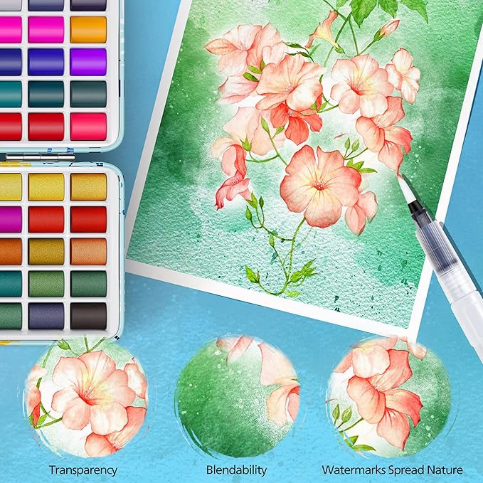 Caliart Watercolor Paint Set, 50 Colors Portable Travel Water Color Palette Kit with Detail Painting Brush, Art Supplies Christmas Gifts for Artists Adults Painters Beginners