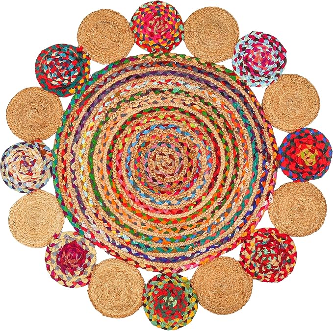 3' Round Handwoven Jute Chindi Area Rug - Colorful Boho Rugs for Living Room - Hand Braided Multicolor Bohemian Rug for Farmhouse, Bedroom, Dining Room, Classroom, Hallway, Kitchen, Office