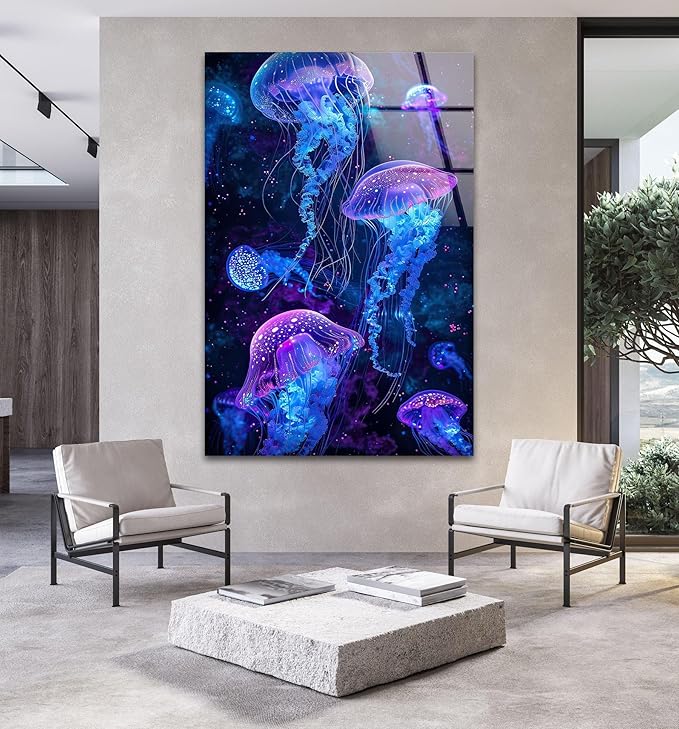 My Photostation.com Round 24'' Glowing Jellyfish Glass Wall Art Tempered Glass Printing Wall Decor Large Wall Art Wall Hangings