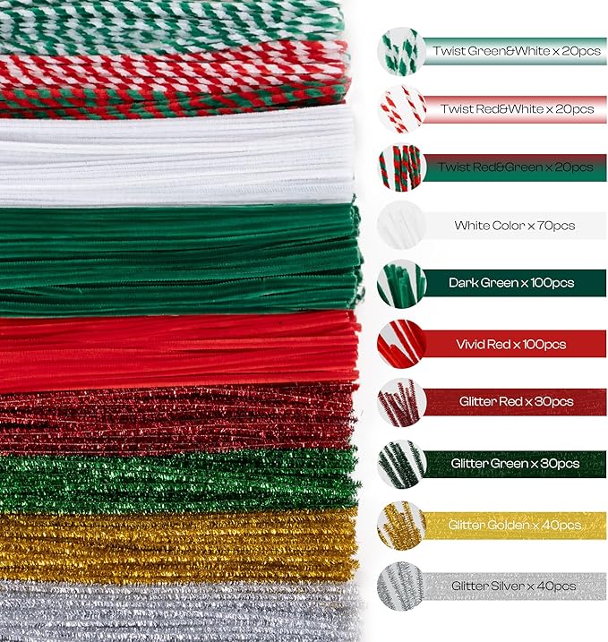 Caydo 500 Pieces Christmas Pipe Cleaners, Chenille Stems, Pipe Cleaner Crafts for DIY Art and Craft Projects Creative Gift Party Decorations
