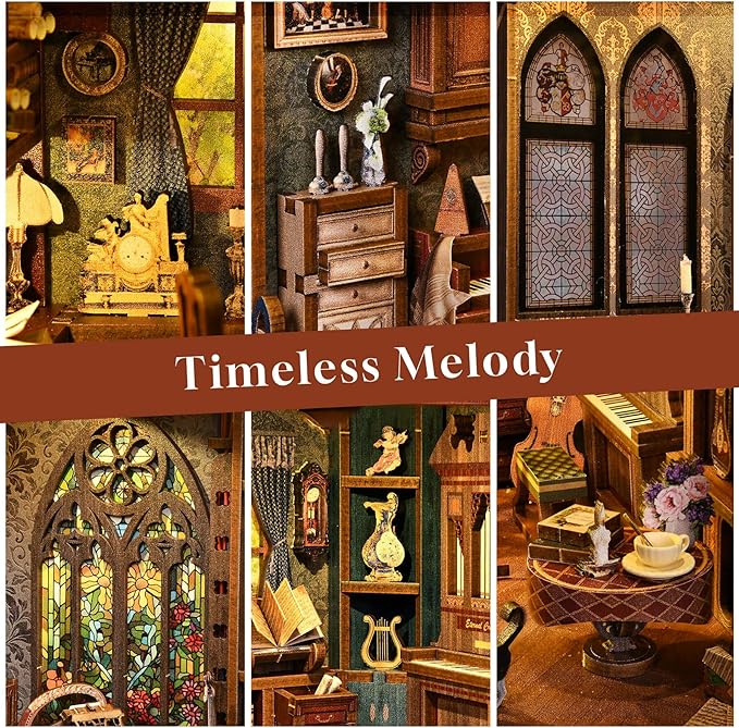 Book Nook Kit Music, DIY Miniature House Kit Book Nook, 3D Wooden Puzzle Bookshelf Insert Diorama Kit with Led Light for Teens and Adults (Timeless Melody)