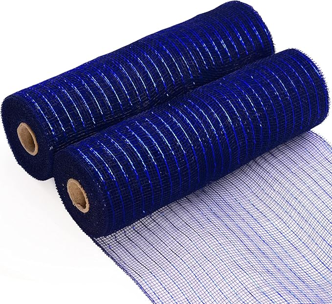 Koopi Deco Mesh 10 inch x 10 Yards Each Roll, Set of 2 Navy Blue with Blue Metallic Foil Poly Mesh Ribbons for Wreaths, Swags, Craft, Party and Decorating Supplies- 2 Rolls