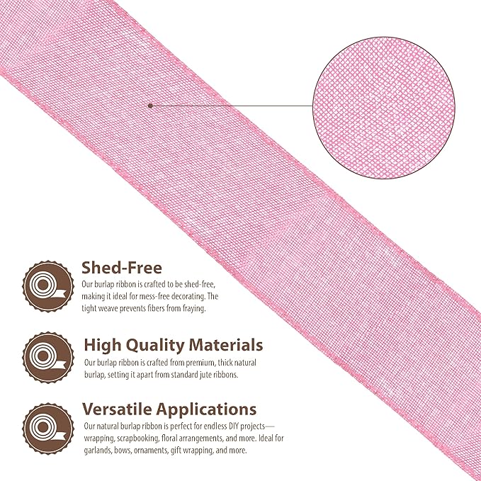 Mandala Crafts Pink Burlap Wired Ribbon 2.5 Inches Wide Jute Ribbons for Crafts - 10 Yds Roll Rustic Burlap Wrap Trim Ribbons for Wreaths Bows Party Decoration