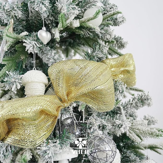 MEEDEE Champagne Deco Mesh 10 Inch Deluxe Wide Foil Metallic Mesh with Gold Tinsel Champagne Gold Mesh Ribbon for Christmas Tree, Wreaths, Garland, Gift Wrapping, Bows Making (30 Feet)