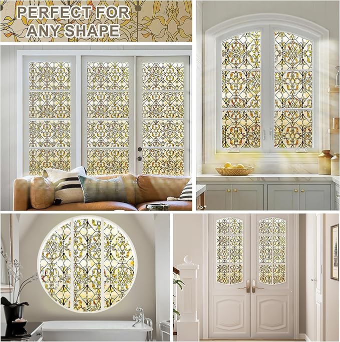 3D Stained Glass Window Privacy Film, Heat Control UV Blocking Static Cling Decorative Window Film for Bathroom,Front Door,Home Non Adhesive 16.9 x 78.7 inches Golden Filigree