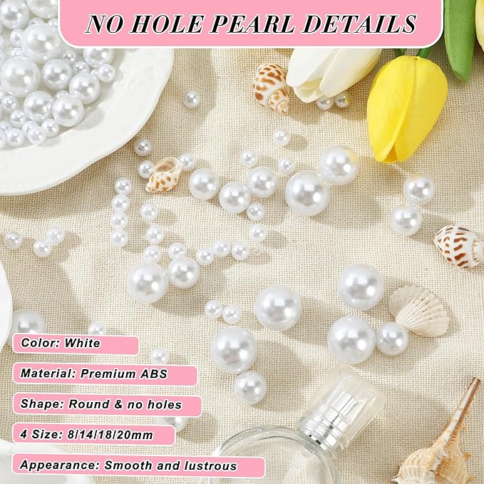 Pearl Beads No Hole Pearls for Crafting 180 Pcs Fake Pearls Bulk Faux Pearls for DIY Crafts Jewelry Making Vase Filler Floating Candle Wedding Birthday Party Home Decorations (Ivory, 8/10/14/20mm)