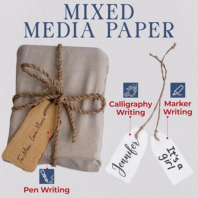 Wanderings Handmade White Deckled Edge Tags with String - 3.75 x 1.75” Only - Pack of 25 - Ideal for Price or Gift Tags, Arts, Crafts, Place Cards, Name Cards - Cold Press Thick 150 GSM