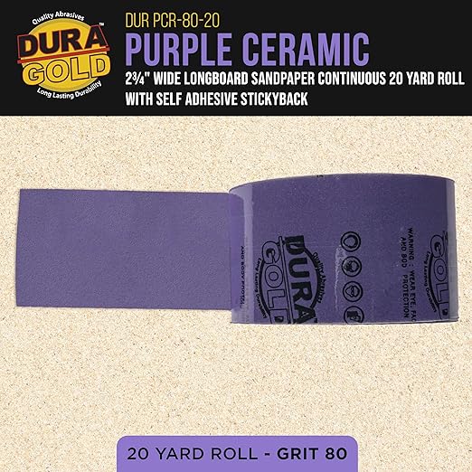 Dura-Gold Premium 80 Grit PSA Purple Film Ceramic Longboard Sandpaper, 2-3/4" Wide Continuous 20 Yard Roll - Self Adhesive Stickyback for Auto & Wood Air File Long Board Sanders, Hand Sanding Blocks