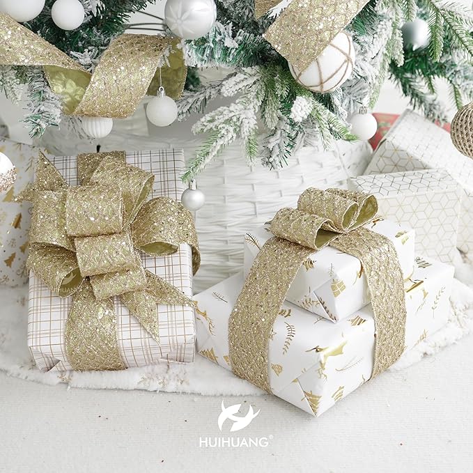 HUIHUANG Champagne Glitter Wired Ribbon for Christmas Tree 2.5 inch Champagne Gold Diamond Mesh Ribbon for Tree Decoration, Wreaths, Garland, Gift Wrapping, Bows Making, Home Decor -10 Yards