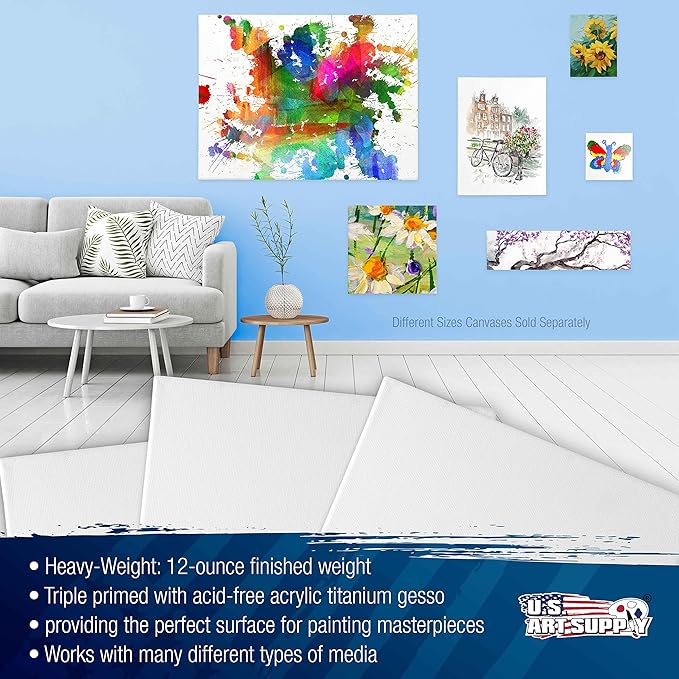 U.S. Art Supply 20 x 20 inch Stretched Canvas 12-Ounce Triple Primed, 3-Pack - Professional Artist Quality White Blank 3/4" Profile, 100% Cotton, Heavy-Weight Gesso - Acrylic Pouring, Oil Painting
