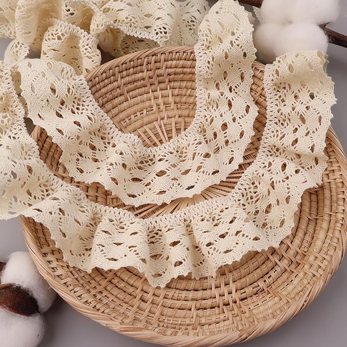 Beige Ruffle Lace Trim 1.77''x3yds Gathered Elastic Lace Ribbon for Sewing Crafts, Apparel Home Decor