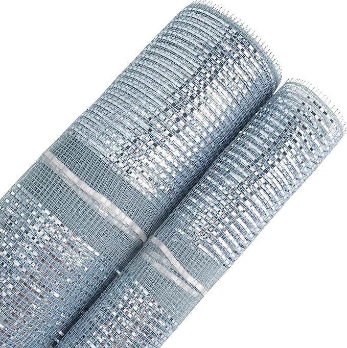 MEEDEE Silver Deco Mesh 10 Inch Deluxe Wide Foil Metallic Pull Up Decorative Ribbon for Christmas Tree, Wreaths, Garland, Gift Wrapping, Bows Making (30 Feet)