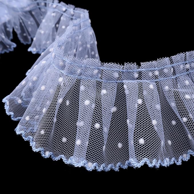 Dots Lace Ruffle Trim for Sew, Crafts 2.4" x5yd Single Layer Pleated Edge Lace Ribbon (Blue)