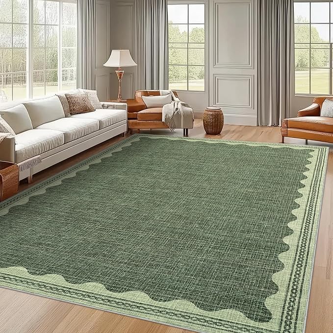 Scalloped Washable Rug 8x10 Area Rugs for Living Room, Solid Green Rug for Bedroom Girls, Non Slip Throw Carpet with Rubber Back, Soft Dorm Nursery 8x10 Rugs for Dining Room