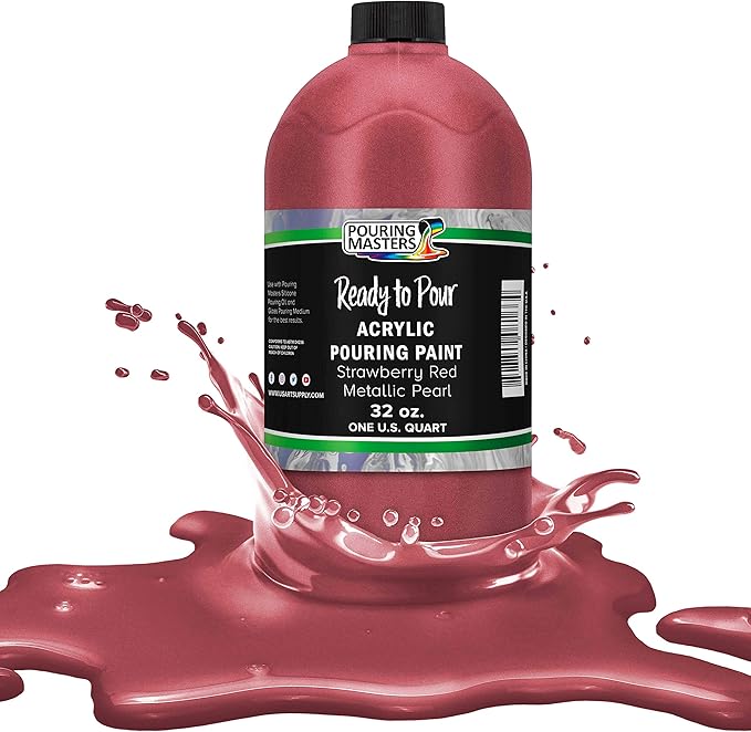 Pouring Masters Strawberry Red Metallic Pearl Ready to Pour Acrylic Pouring Paint - Premium 32-Ounce Pre-Mixed Fluid Acrylic Paint - Fluid Art Supplies for Canvas, Wood, Paper, Tile & Rocks