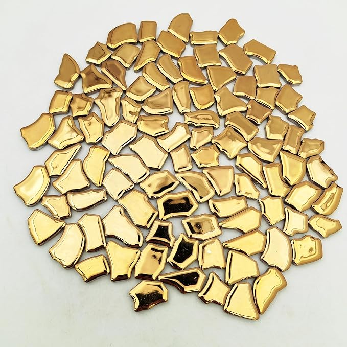 0.78"-1.57" Irregular Ceramics Mosaic Tiles,1.1LB Mosaic Pieces Stones for Home Decoration DIY Craft Plates Flowerpots Vases Cups Mosaic Making Supplies (Gold)