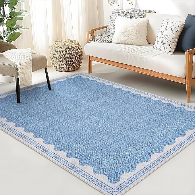 Scalloped 3x5 Rugs for Entryway, Small Area Rug Solid Blue Rug for Bedroom Girls, 3x5 Washable Rugs for Living Room, Non Slip Scalloped Bath Mat, Soft Dorm Nursery Carpet for Bedside
