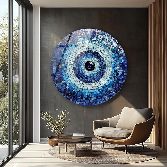 My Photostation.com 27.5''(70cm) Diameter Blue Mosaic Evil Eye Round Glass Wall Art Tempered Glass Printing Wall Decor Large Wall Art Wall Hangings