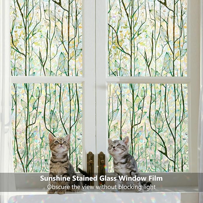 Finnez Window Privacy Film Window Film 3D No Glue Glass Sticker for Glass Door Home and Office Heat Control Anti UV (23.6 Inch x 13.1 Feet, Rainbow Grove)