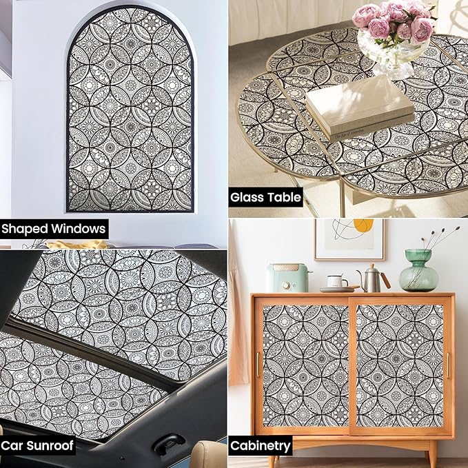 DKTIE Boho Stained Glass Look Window Privacy Film with Installation Tools, Decorative Frosted Glass Window Film Static Cling No Glue Removable, Pure Black, 35.4" x 118.1"