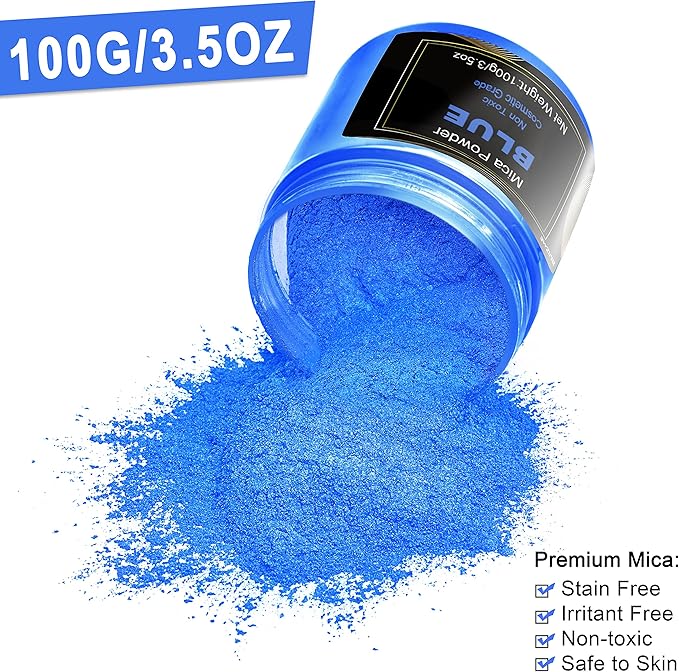Blue Mica Powder Pigment (100g) -Cosmetic Grade Metallic Mica Powder for Epoxy Resin, Lip Gloss, Soap,Candle Making, Bath Bombs,Tumblers, Jewelry, Dyes, and DIY Crafting Projects(Blue, 3.5oz)