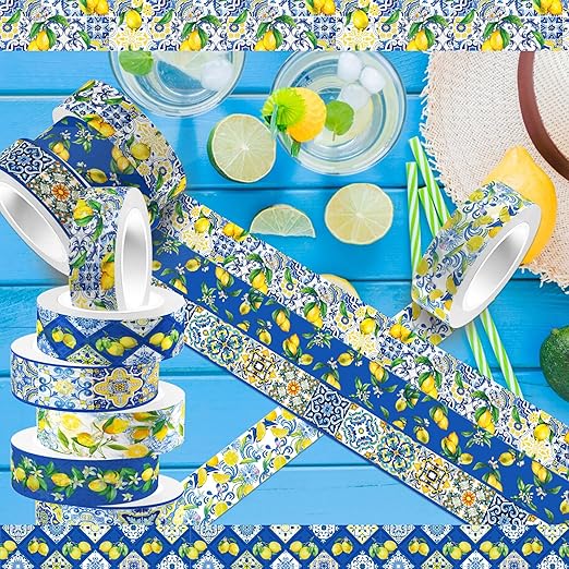 Lemon Washi Tape 12 Rolls, Blue Tiles Yellow Lemon Printed Decorative Washi Tape Set, DIY Art Crafts Wrapping Decor for Gifts Wrapping,Wedding Bridal Shower