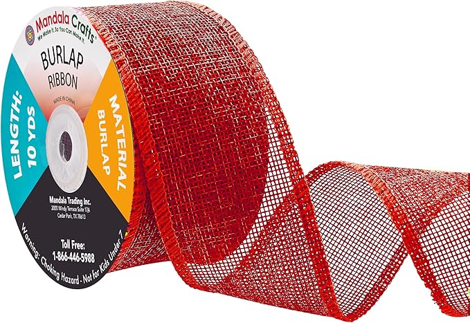 Mandala Crafts Red Burlap Ribbon 2 Inches Wide Jute Ribbons for Crafts - 20 Yds Roll Rustic Burlap Wrap Trim Ribbons for Wreaths Bows Wedding Party Decoration