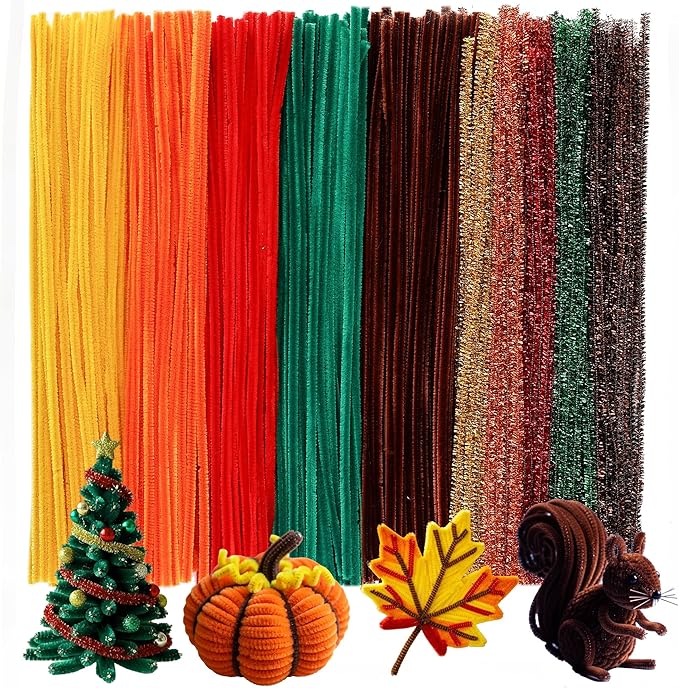 Caydo 500 Pieces Autumn Color Pipe Cleaners, Thanksgiving Day Orange Brown Chenille Stems, Pipe Cleaner Crafts for DIY Art and Craft Projects Creative Gift Party Decorations
