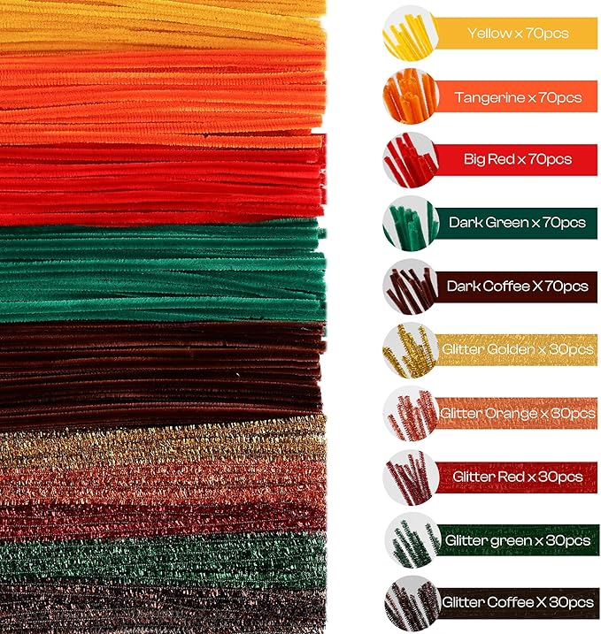 Caydo 500 Pieces Autumn Color Pipe Cleaners, Thanksgiving Day Orange Brown Chenille Stems, Pipe Cleaner Crafts for DIY Art and Craft Projects Creative Gift Party Decorations