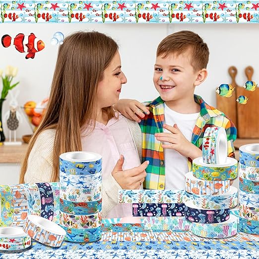 Ocean Washi Tape Set 12 Rolls,Decorative Tape Washi Tape,Tropical Style Sea Animals Ocean Party Decorative Tape Sticker for Scrapbook Journal DIY Art Crafts Gift Wrapping