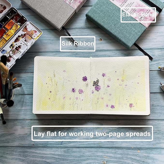 tumuarta Watercolor Sketchbook, 5x7.5, 140 LB, 300 GSM, 100% Cotton Paper, Cold Press, 24 Sheets, 48 Pages, Watercolor Journal for Use As Travel Sketch Book and Mixed Media Pad On The Go.5x7.5 Green