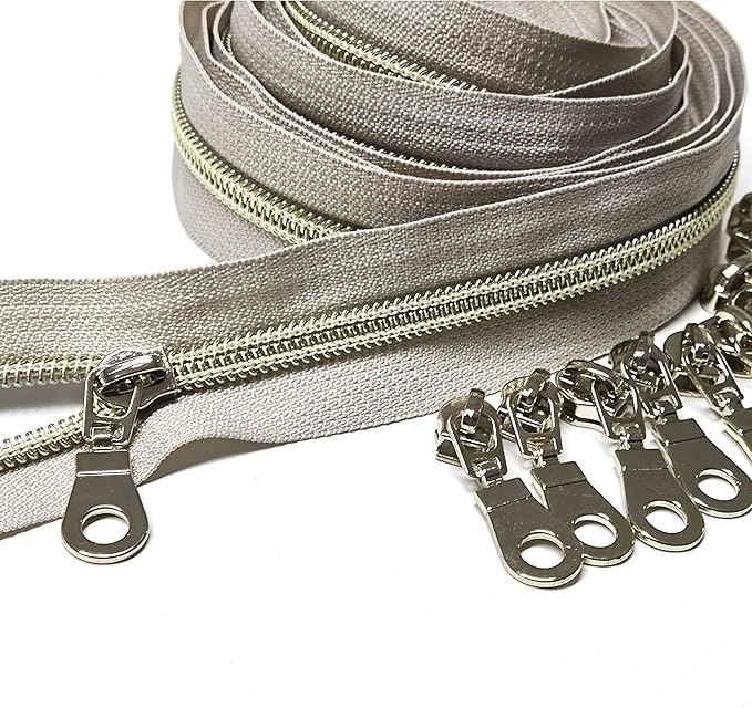 Leekayer #5 Light Gold Teeth Metallic Nylon Coil Zippers by The Yard Bulk 10 Yards Beige Tape with 25pcs Gold Sliders for DIY Sewing Tailor Craft Bag(Beige)