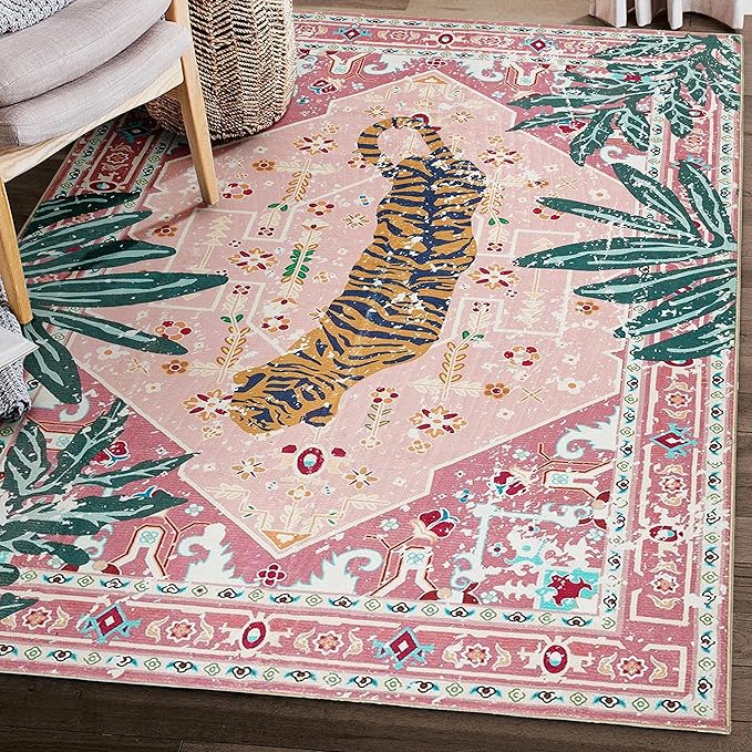 Tribal Rugs, 3x5 Pink Boho Small Area Rugs for Bathroom Kitchen Small Indoor Entryway Rug Modern Vintage Distressed Summer Tropical Jungle Carpet Non-Slip Washable