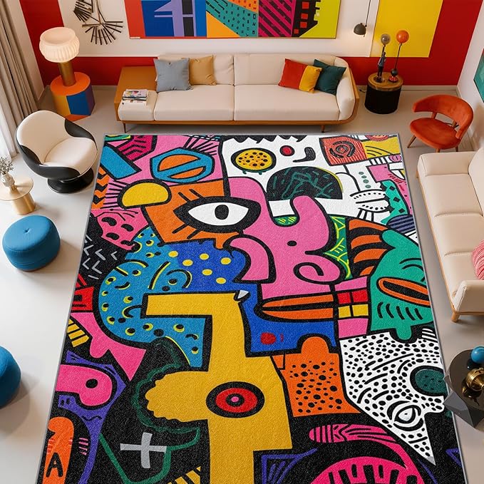 Abstract Rug 5x7-6x9 Rug - Abstract Rug - Colorful Pop Art Area Rug - Modern Geometric Graffiti Rugs - Multicolor Artistic Carpet - Home Decor
