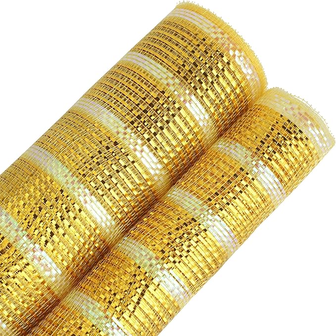 MEEDEE Gold Deco Mesh 10 Inch Deluxe Wide Foil & Iridescent Metallic Stripe Mesh Ribbon for Wreaths, Christmas Tree, Garland, Gift Wrapping, Bows Making (30 Feet)