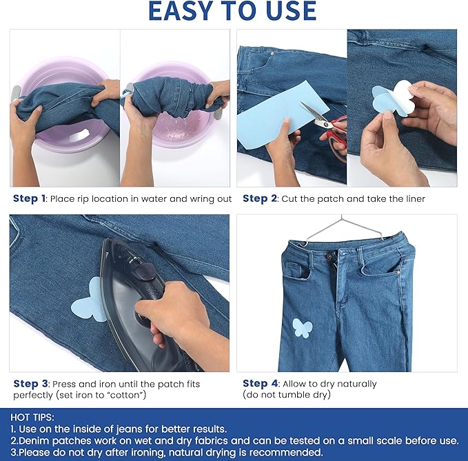 Denim Patches for Inside Jeans - Iron On Patches for Jeans - Jeans Patch for Repairing Pant Holes and Covering Imperfections, 6 Colors, Each Piece Measures 4 in x 8.9 in