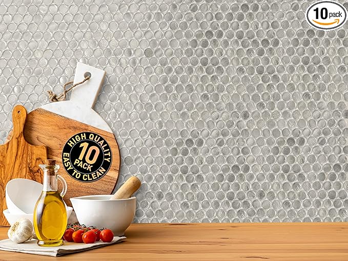 Silver Penny Round Mosaic Glass Tile – 12.2 x 12.2 Inch - 10 Sheet Pack - Luxurious Design for Bathroom Walls, Kitchen Backsplash, Shower Walls - Elegant Wall Decor - NOT Peel and Stick Tile