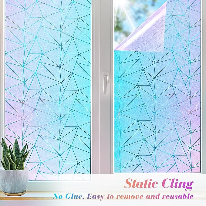 Coavas Rainbow Window Privacy Film - Frosted Glass Static Cling for Bathroom Door, UV Blocking, Non-Adhesive Vinyl Sticker, Day and Night Tint for Home, 17.5x78.7 Inches