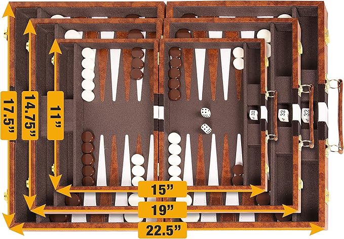 Backgammon Set - 11 inches Classic Board Game for Adults and Kids with Premium Leather Case - with Strategy & Tip Guide (Brown, Small)