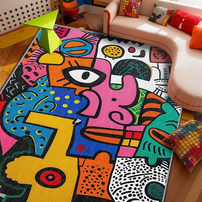Abstract Rug 5x7-5x6 Rug - Abstract Rug - Colorful Pop Art Area Rug - Modern Geometric Graffiti Rugs - Multicolor Artistic Carpet - Home Decor