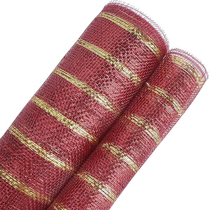 MEEDEE Burgundy and Gold Deco Mesh 10 Inch Metallic Striped Deco Mesh Christmas Mesh Ribbon for Christmas Tree, Wreaths, Garland, Gift Wrapping, Bows Making (30 Feet)
