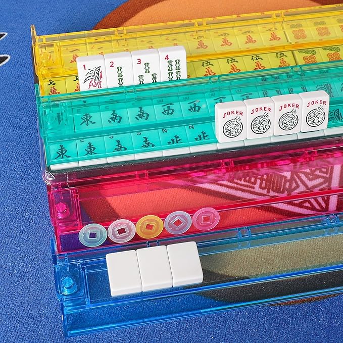 American Mahjong Game Set, 166 White Tiles, 4 All-in-One Color Rack/Pushers, Complete Mahjong Set with Pink Printed Carrying Bag