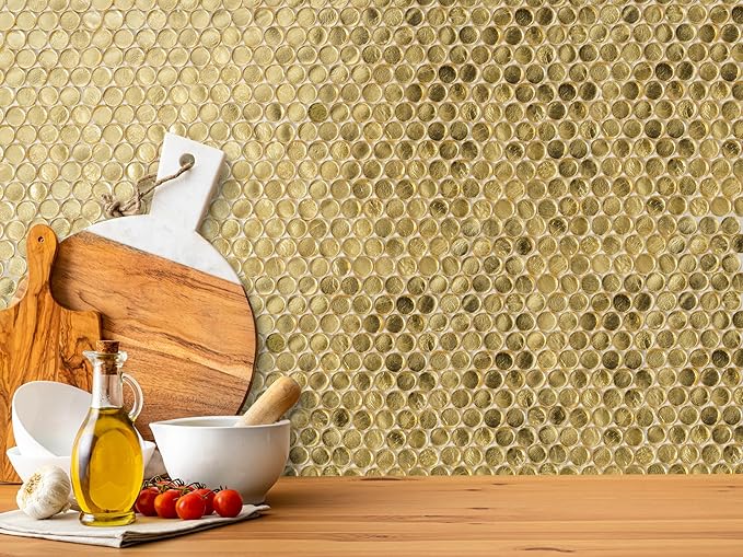 Box of 10 Glossy Gold Glass Penny Round Mosaic Tiles – 12.2" x 12.2" Mesh-Mounted Sheets, 10.34 Sq Ft, Not Peel & Stick - Kitchen Backsplash, Shower Wall, Bathroom, Fireplace, Interior Decor
