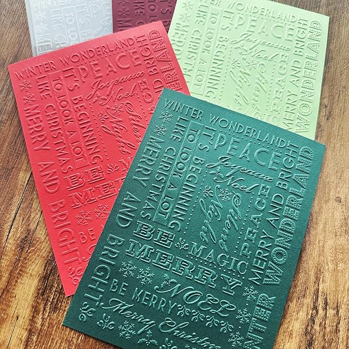 Arbuya Christmas Sentiment Plastic Embossing Folders for Card Making or Journaling Xmas Joy, Noel, Peace & Winter Wonderland Embossing Folder Template for Gift Tag Paper Crafting Home Decoration