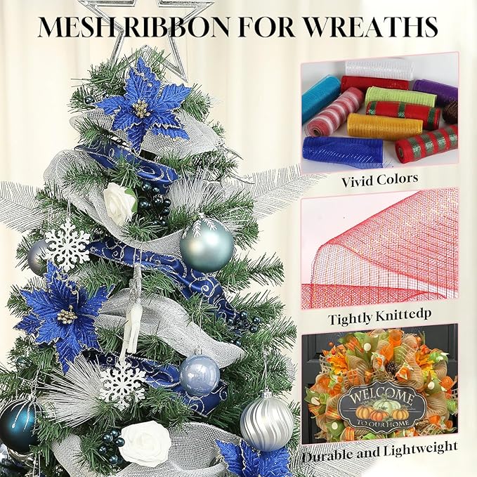 2 Rolls Mesh Ribbon for Wreaths 10 Inch x 30 Foot Wreath Mesh Rolls with Metallic Foil for Easter Christmas Party Wedding Home Decor DIY Craft Projects and Gift Wrapping(Yellow)