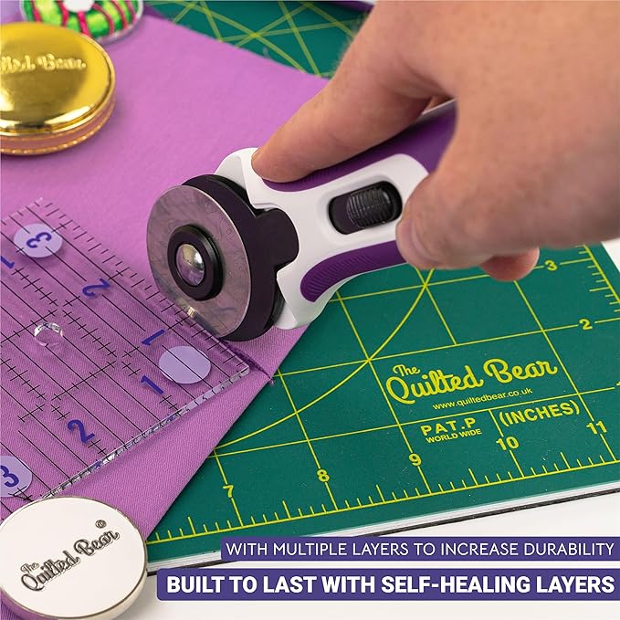 The Quilted Bear Rotating Cutting Mat 7" x 7" - Locking & Rotating Self Healing Cutting Board for Sewing, Fabric & Effortless Quilting - 360 Degree Sewing Supplies Mat for Craft Table (Green)